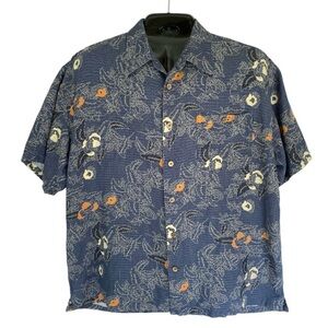 Ashworth Vintage Rare Hawaiian Short Sleeve Button Down Shirt Side Slit XL blue